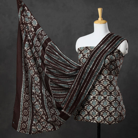 Beige - 3pc Kutch Batik Printed Cotton Suit Material Set 54