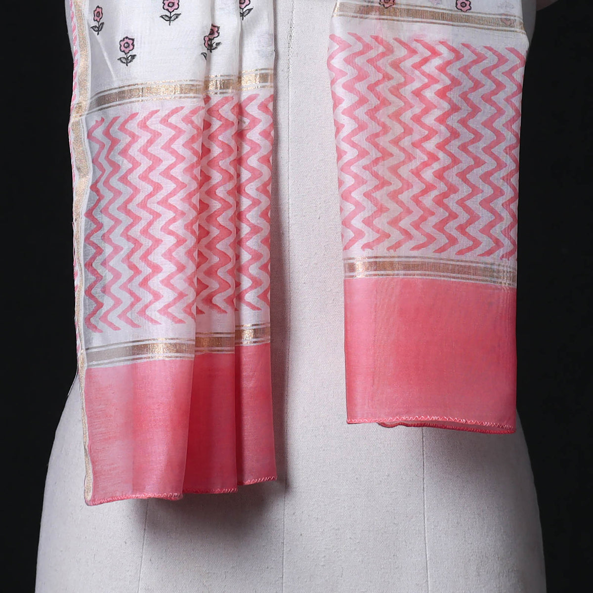 Sanganeri Handloom Chanderi Silk Hand Block Floral Print Stole 02
