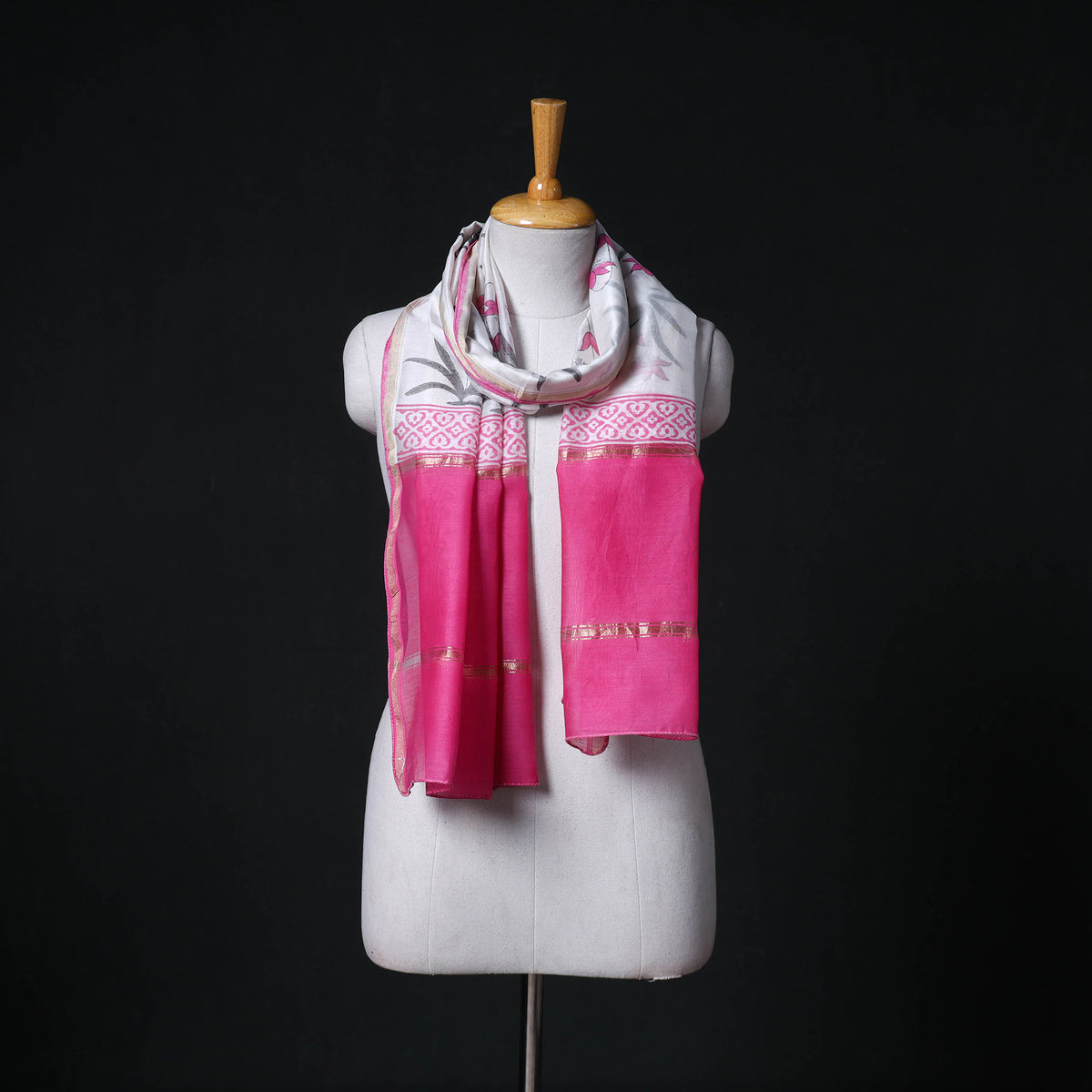 Sanganeri Handloom Chanderi Silk Hand Block Floral Print Stole 03