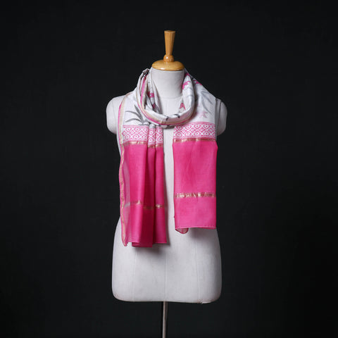 Sanganeri Handloom Chanderi Silk Hand Block Floral Print Stole 03