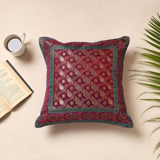 Purple - Traditional Pure Banarasi Silk Handwoven Zari Cushion Cover (16 x 16 in)