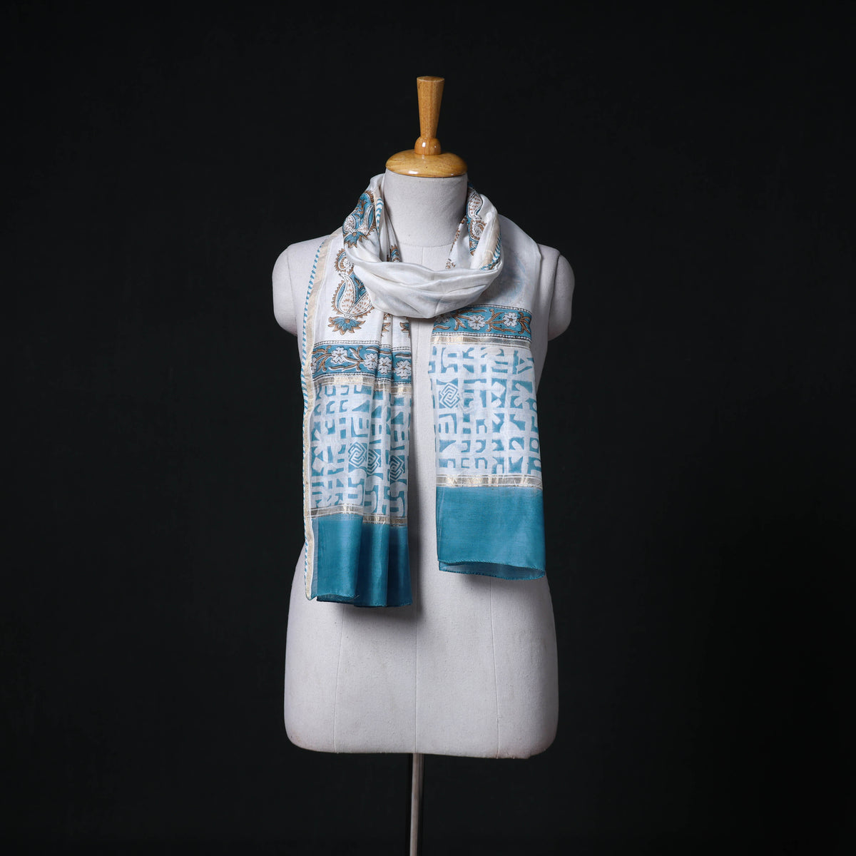 Sanganeri Handloom Chanderi Silk Hand Block Floral Print Stole 05