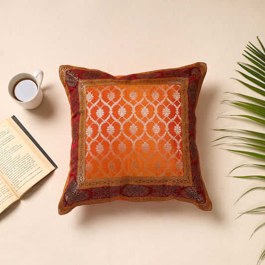 Orange - Traditional Pure Banarasi Silk Handwoven Zari Cushion Cover (16 x 16 in)