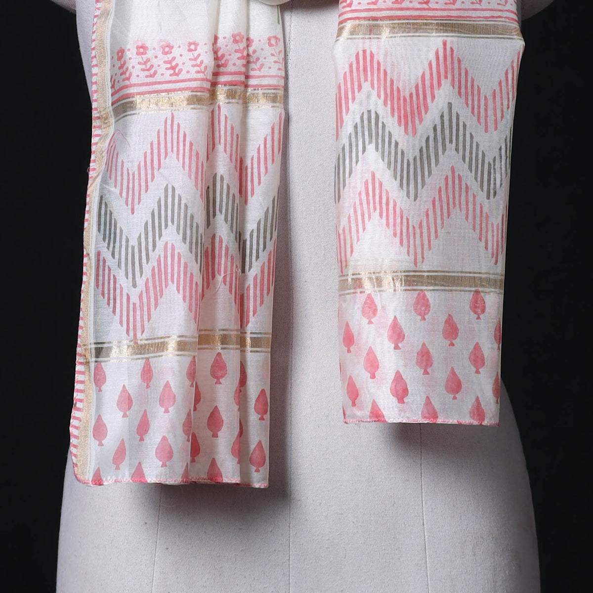 Sanganeri Handloom Chanderi Silk Hand Block Floral Print Stole 06