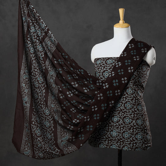 Brown - 3pc Kutch Batik Printed Cotton Suit Material Set 60