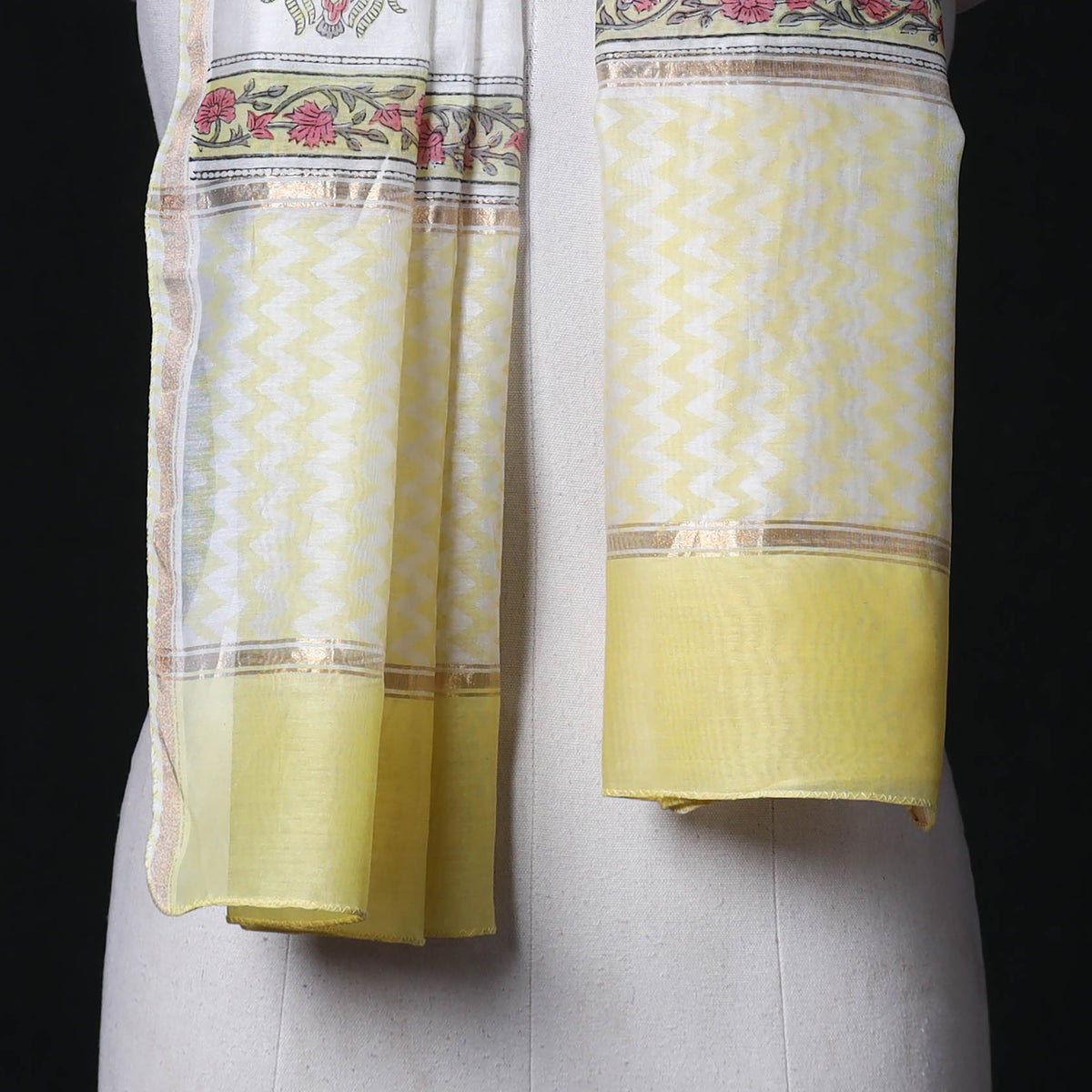 Sanganeri Handloom Chanderi Silk Hand Block Floral Print Stole 07