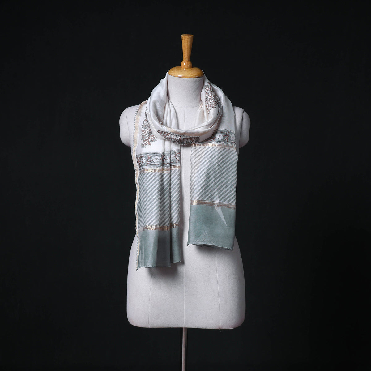 Sanganeri Handloom Chanderi Silk Hand Block Floral Print Stole 08