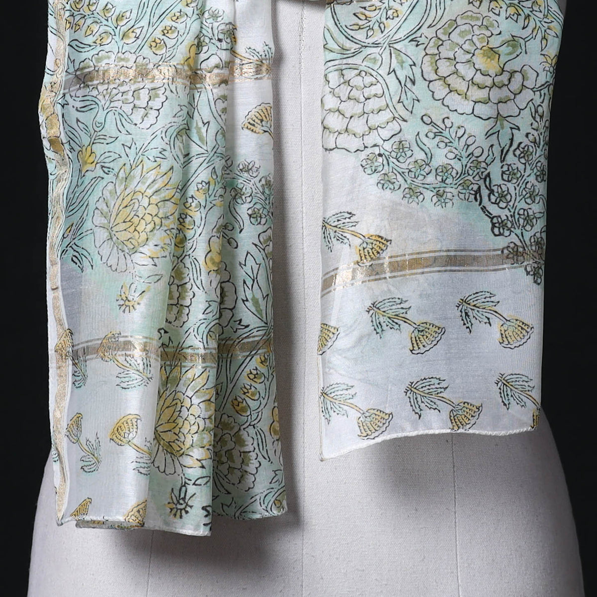 Sanganeri Handloom Chanderi Silk Hand Block Floral Print Stole 09