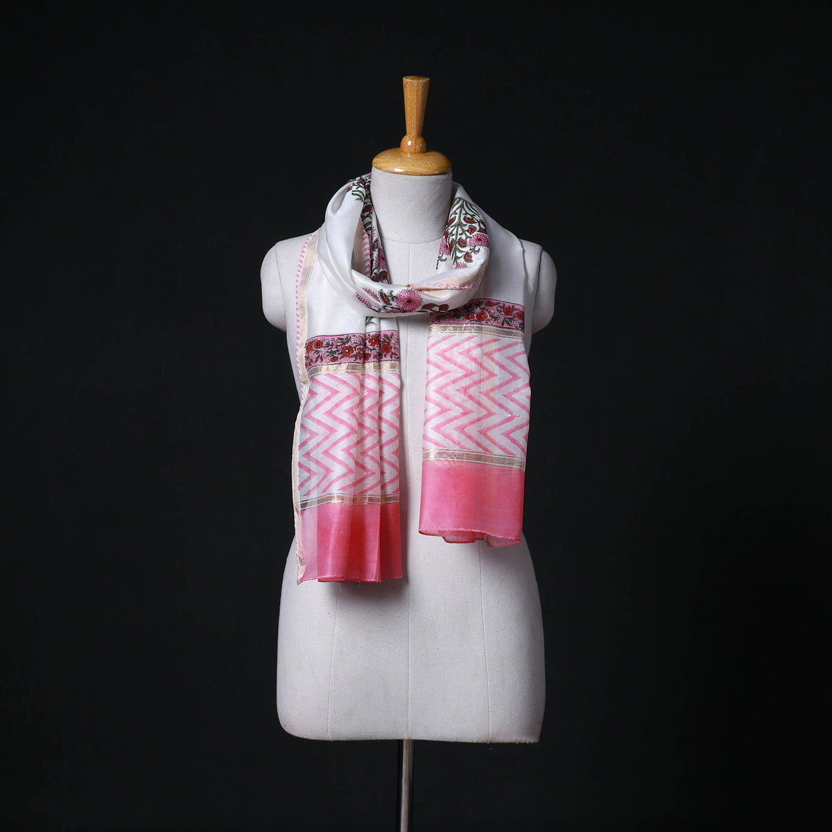 Sanganeri Handloom Chanderi Silk Hand Block Floral Print Stole 10