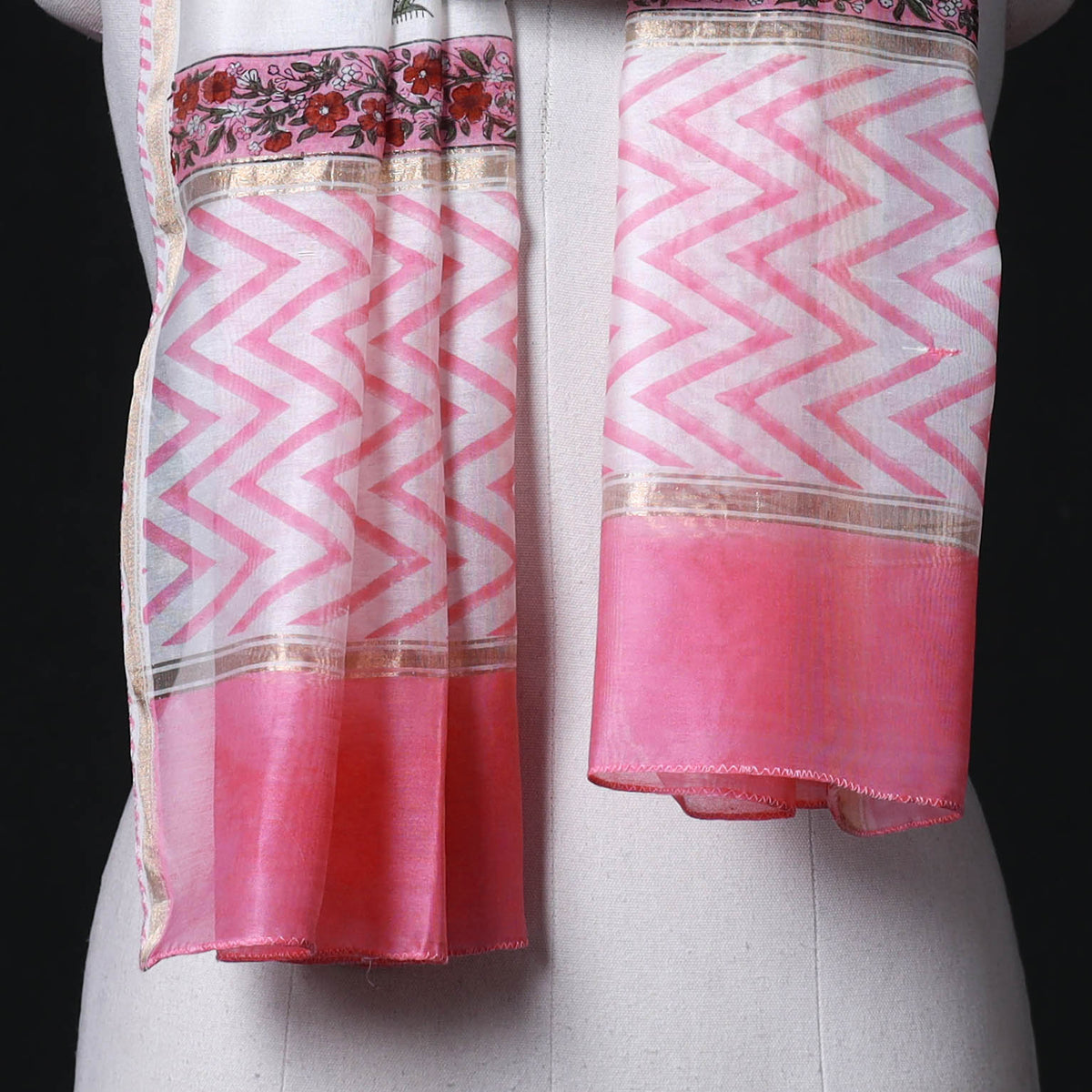 Sanganeri Handloom Chanderi Silk Hand Block Floral Print Stole 10