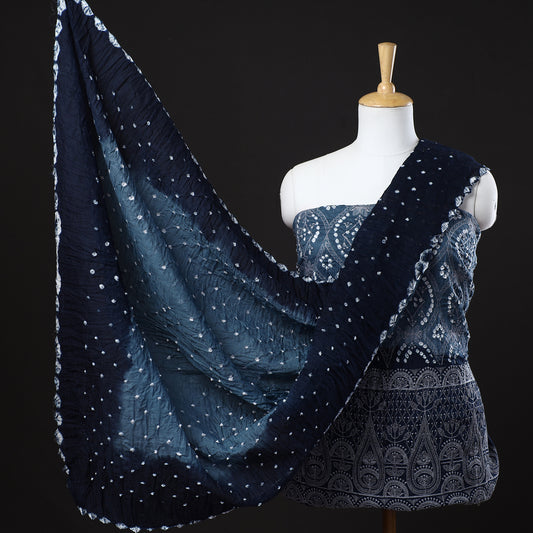 3pc Kutch Bandhani Tie-Dye Zari Work Satin Cotton Suit Material Set