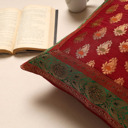 Red - Traditional Pure Banarasi Silk Handwoven Zari Cushion Cover (16 x 16 in)