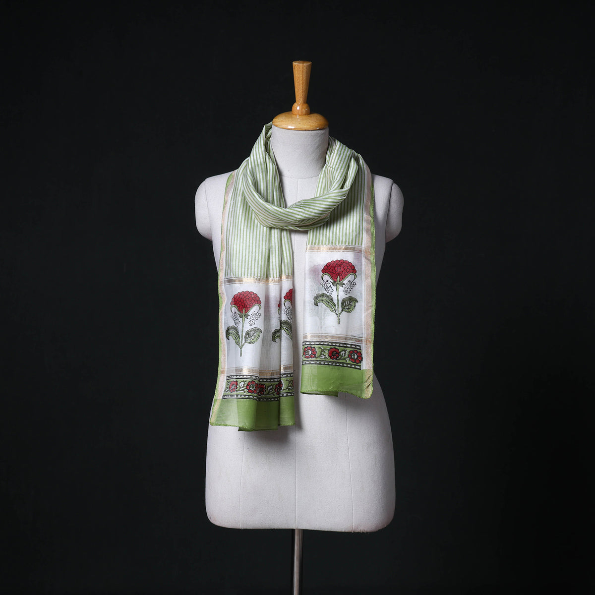 Sanganeri Handloom Chanderi Silk Hand Block Floral Print Stole 15