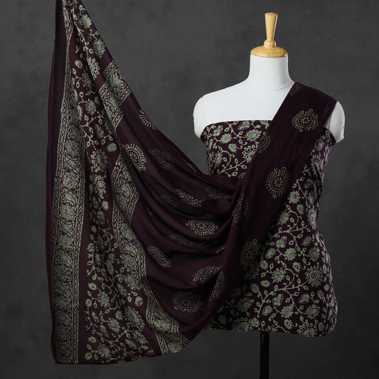 Brown - 3pc Kutch Batik Printed Cotton Suit Material Set 69