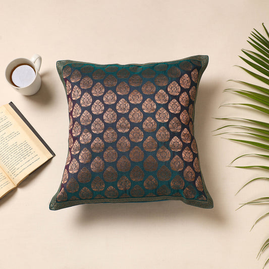 Green - Traditional Pure Banarasi Silk Handwoven Zari Cushion Cover (16 x 16 in)