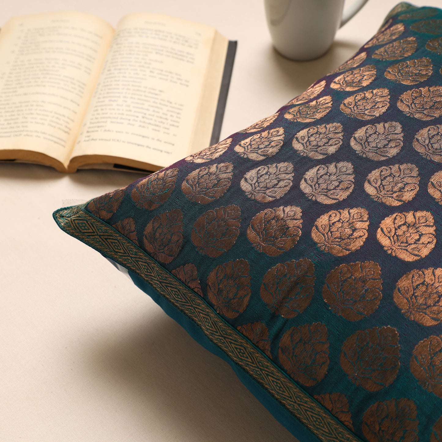 Green - Traditional Pure Banarasi Silk Handwoven Zari Cushion Cover (16 x 16 in)