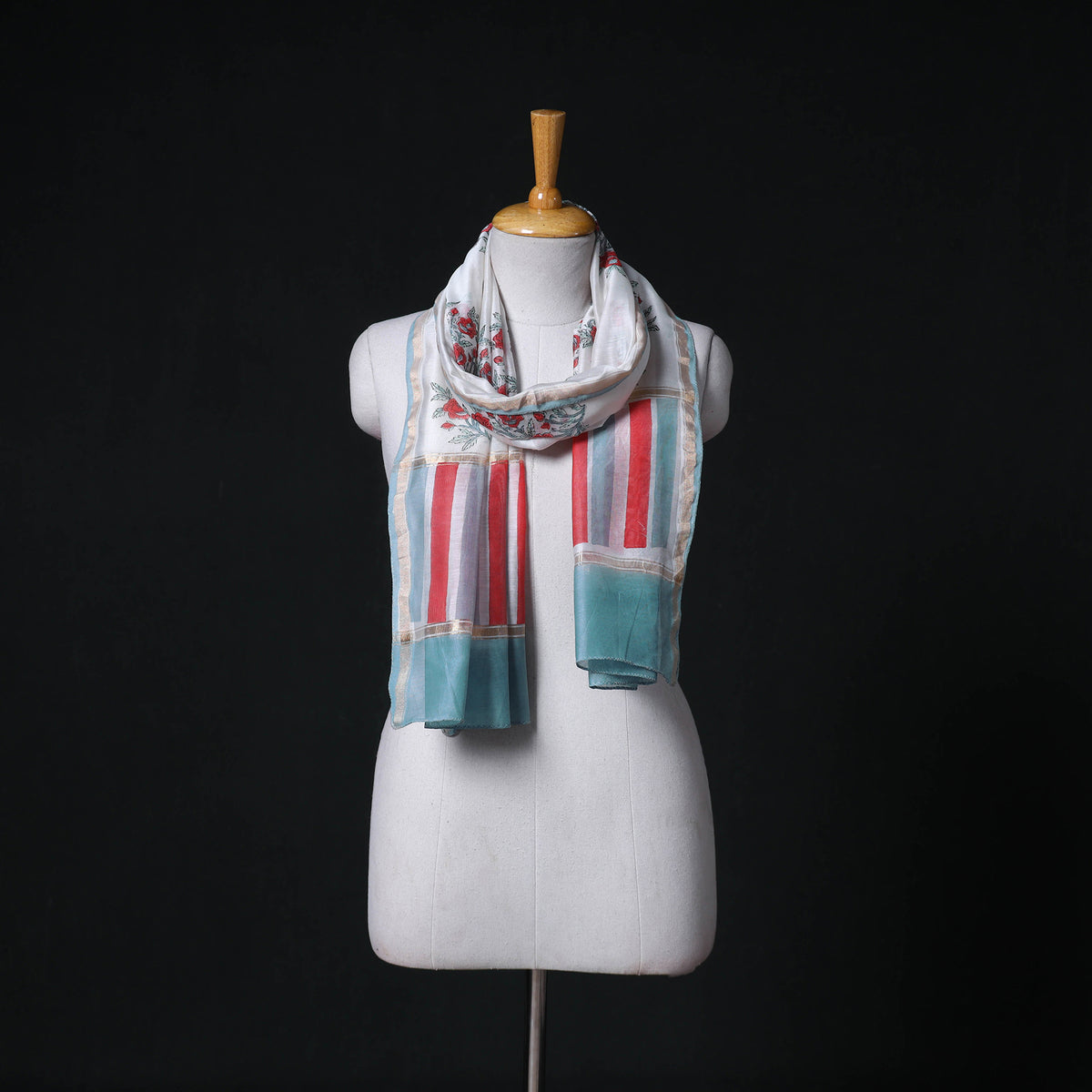 Sanganeri Handloom Chanderi Silk Hand Block Floral Print Stole 18