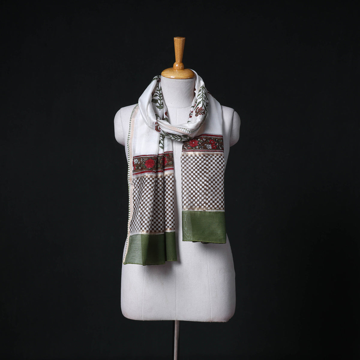 Sanganeri Handloom Chanderi Silk Hand Block Floral Print Stole 17
