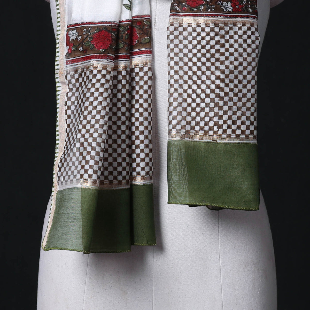 Sanganeri Handloom Chanderi Silk Hand Block Floral Print Stole 17