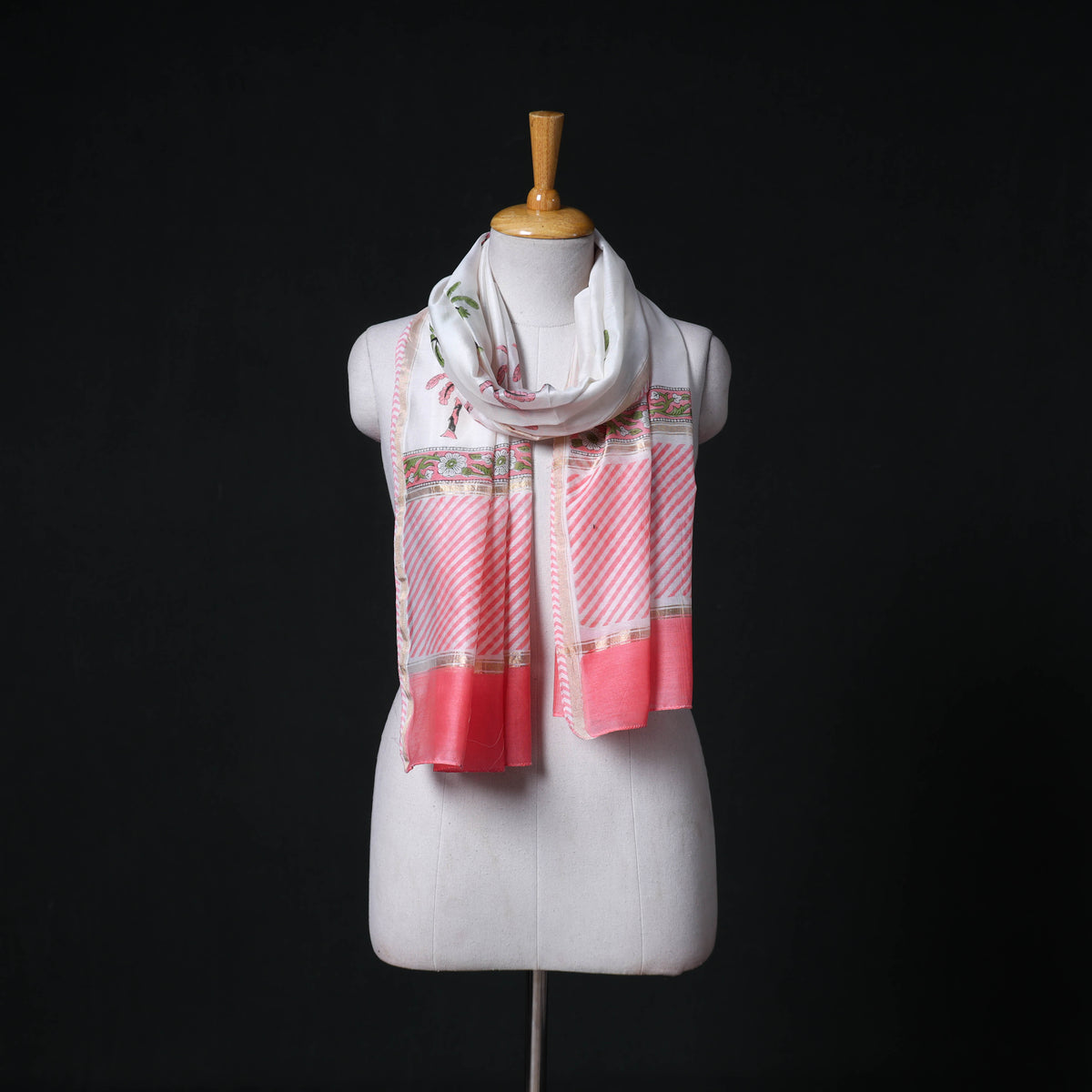 Sanganeri Handloom Chanderi Silk Hand Block Floral Print Stole 19