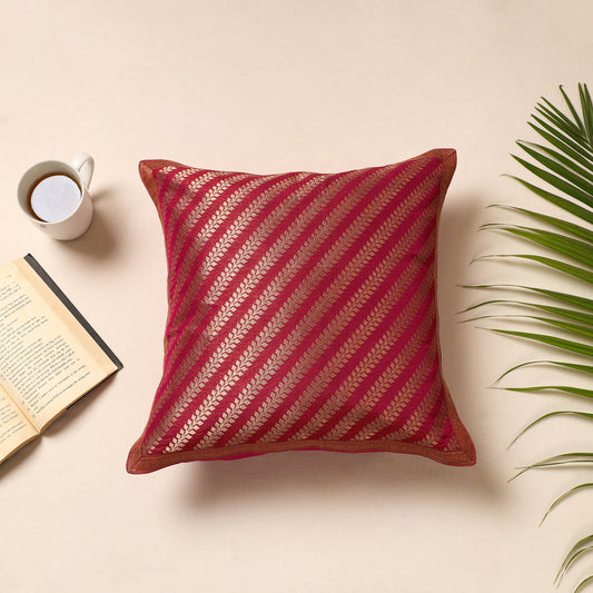 Pink - Traditional Pure Banarasi Silk Handwoven Zari Cushion Cover (16 x 16 in)