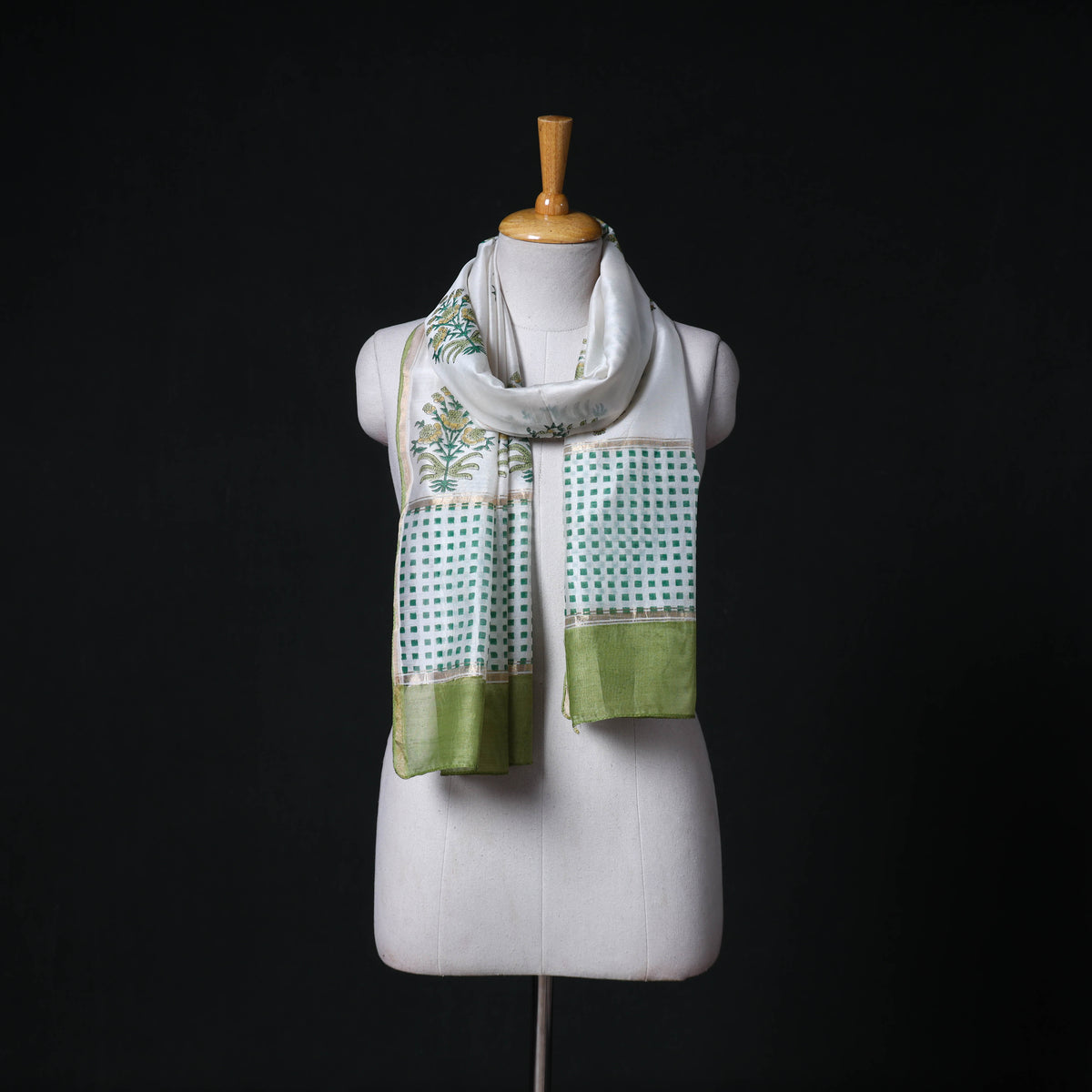 Sanganeri Handloom Chanderi Silk Hand Block Floral Print Stole 21