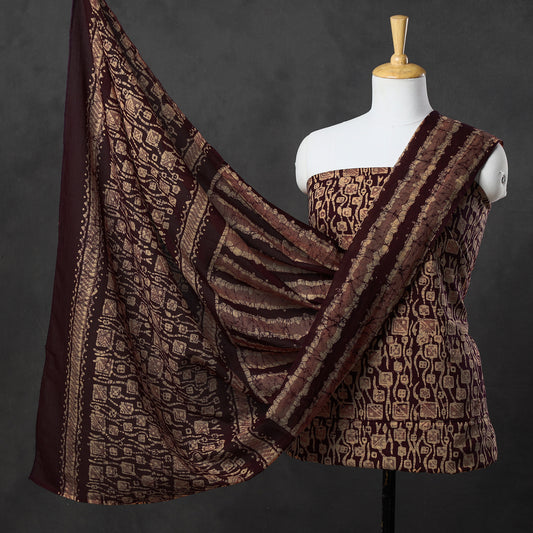 Brown - 3pc Kutch Batik Printed Cotton Suit Material Set 78