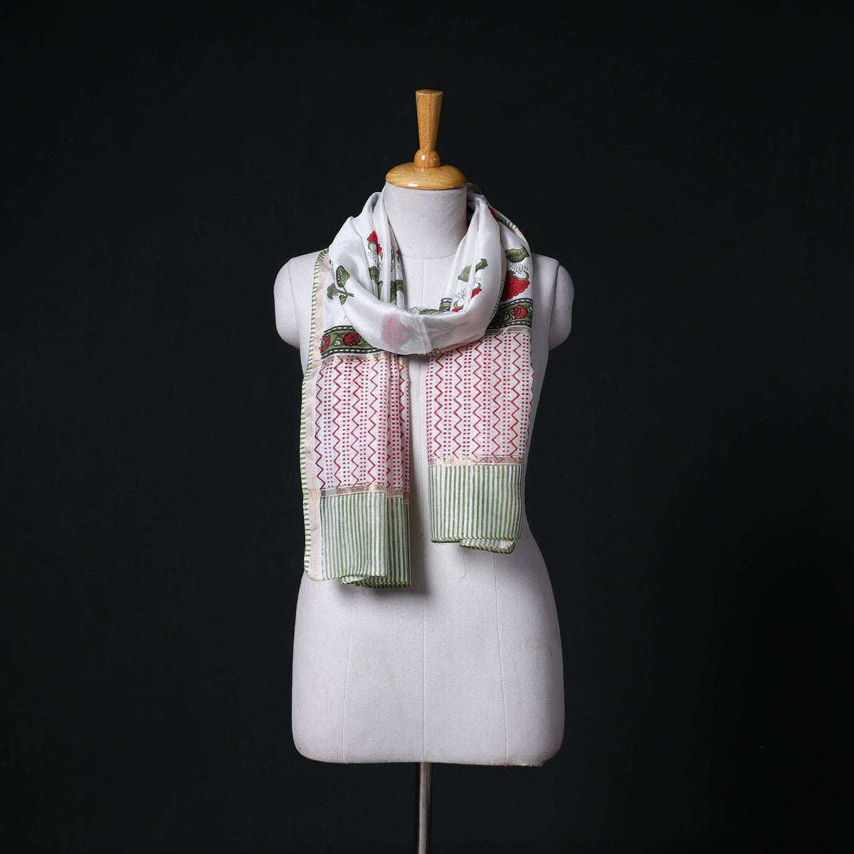 Sanganeri Handloom Chanderi Silk Hand Block Floral Print Stole 23