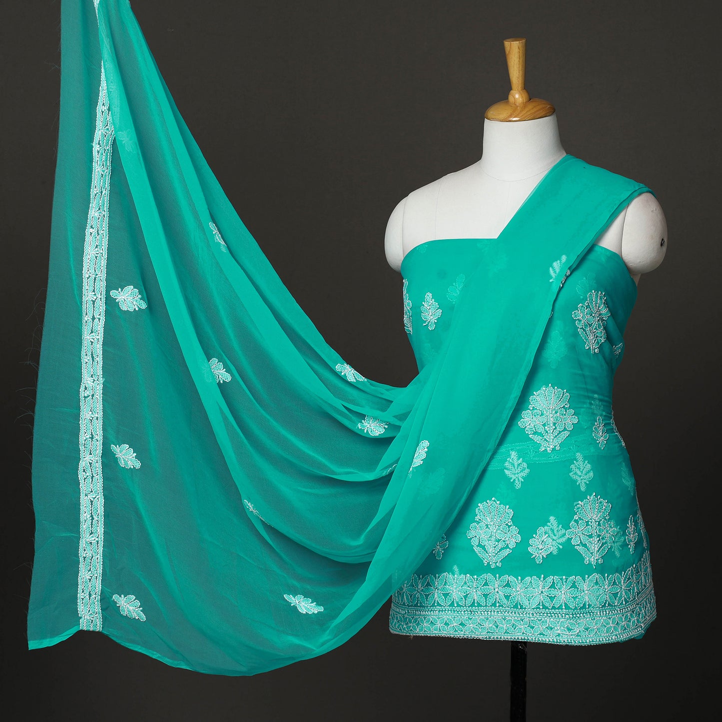 Green - 3pc Hand Embroidery Georgette Chikankari Dress Material 08