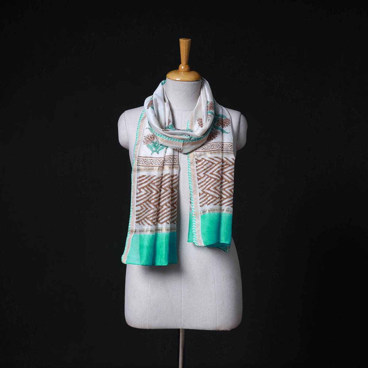 Sanganeri Handloom Chanderi Silk Hand Block Floral Print Stole 25