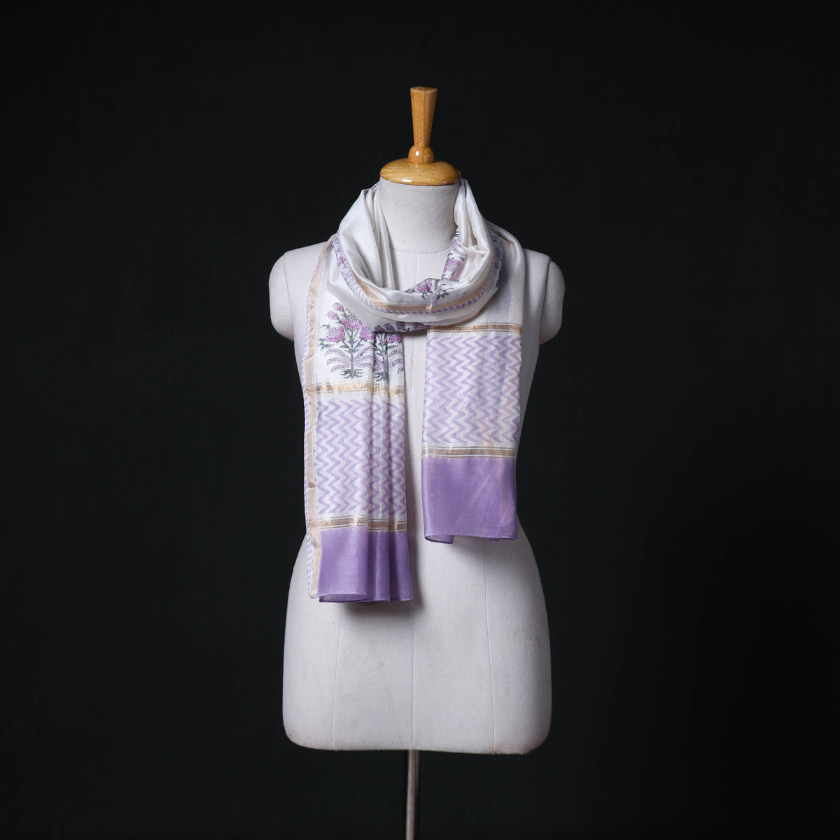Sanganeri Handloom Chanderi Silk Hand Block Floral Print Stole 26
