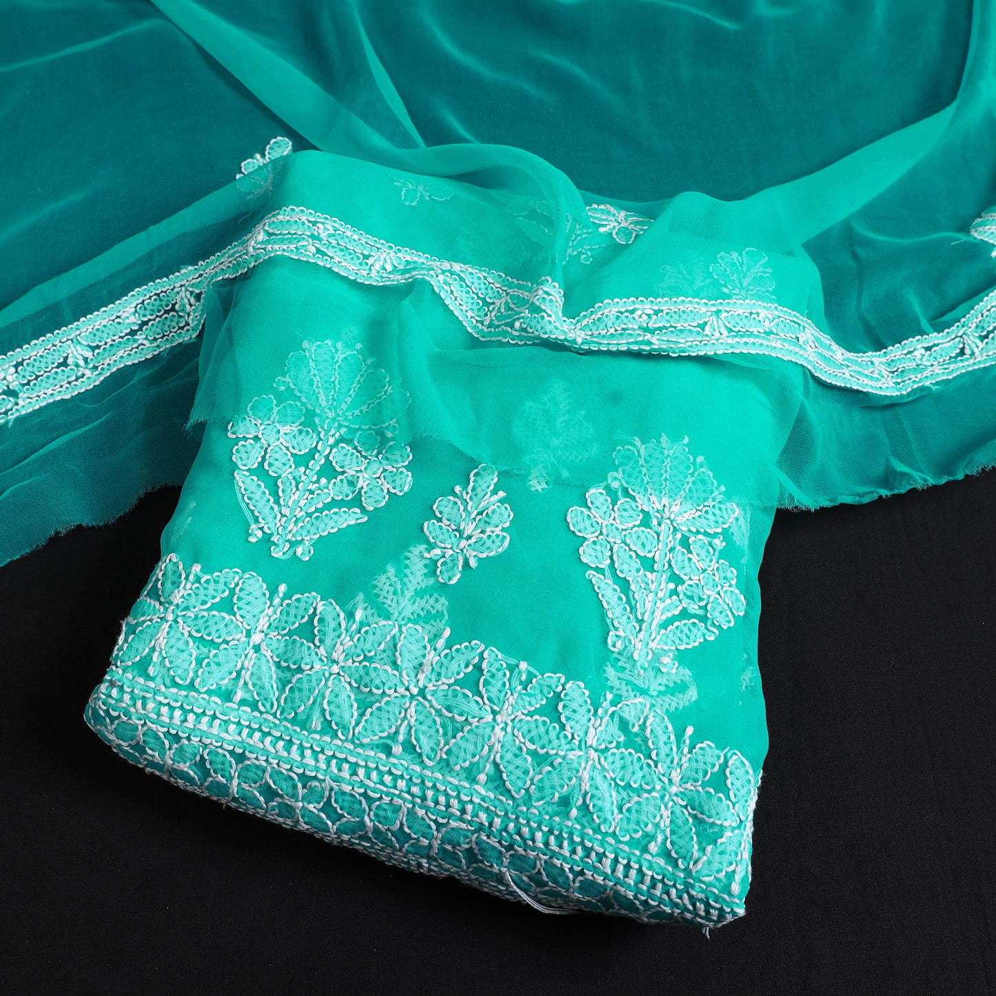 Green - 3pc Hand Embroidery Georgette Chikankari Dress Material 08