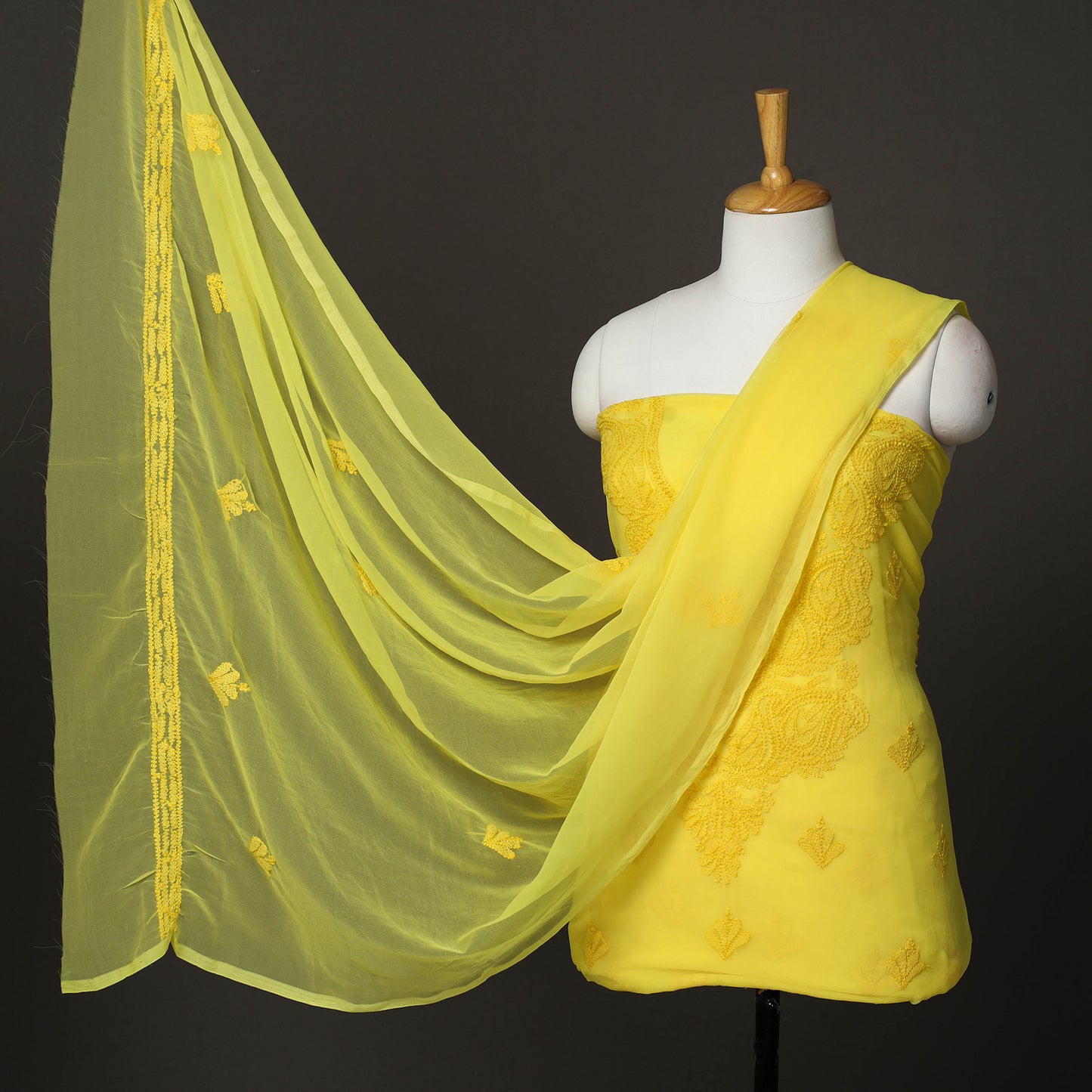 Yellow - 3pc Hand Embroidery Georgette Chikankari Dress Material 09