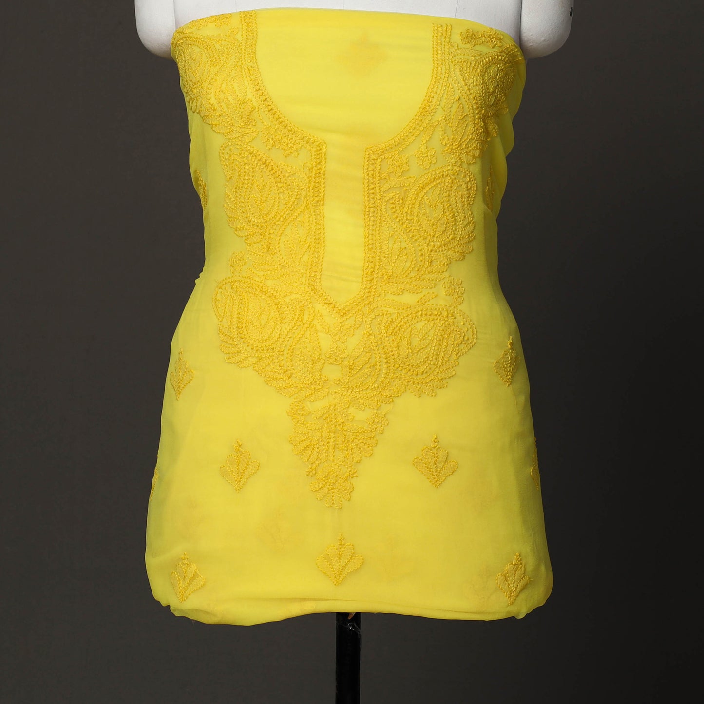 Yellow - 3pc Hand Embroidery Georgette Chikankari Dress Material 09