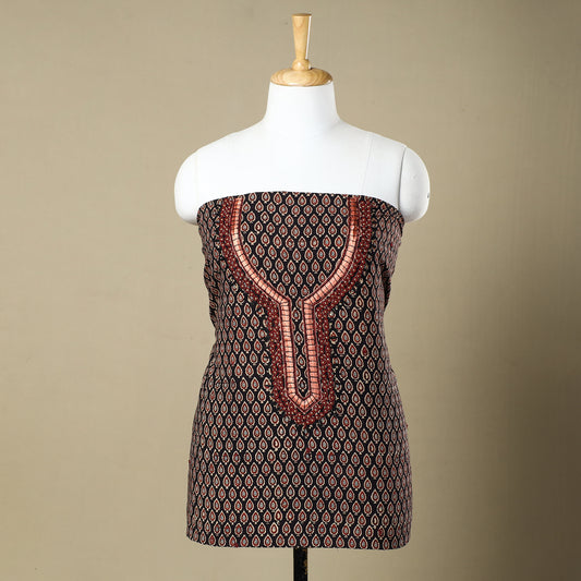 Black - Ajrakh Block Printed Thread & Bead Work Embroidered Cotton Kurta Material - 2.8 Meter