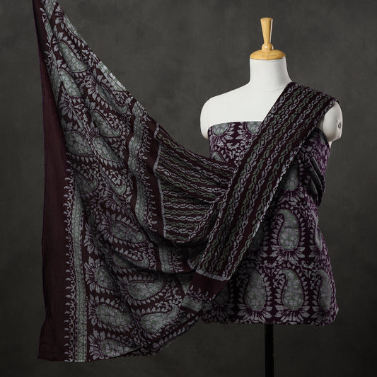 Brown - 3pc Kutch Batik Printed Cotton Suit Material Set 82
