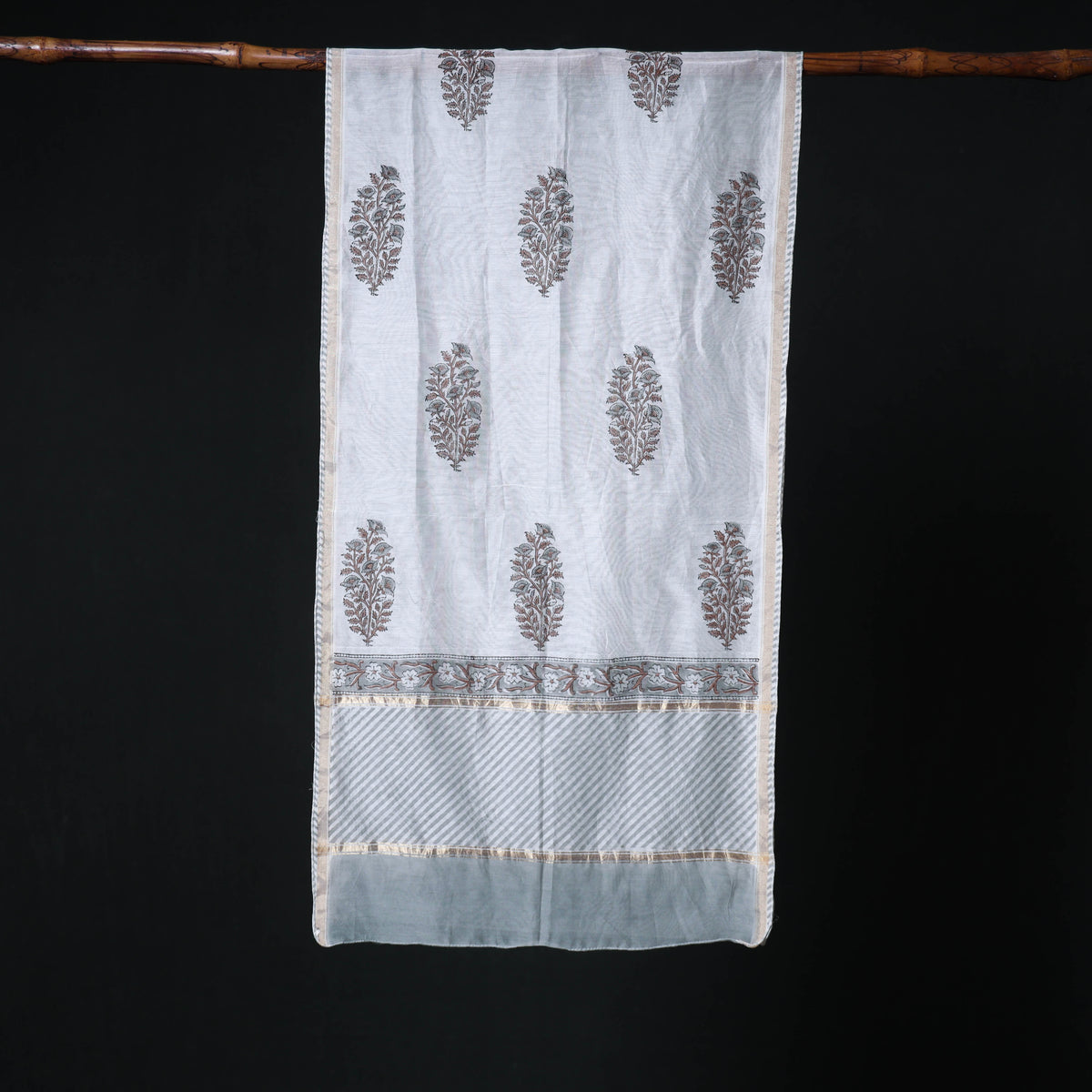 Sanganeri Handloom Chanderi Silk Hand Block Floral Print Stole 27