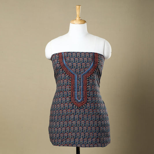 Blue - Ajrakh Block Printed Thread & Bead Work Embroidered Cotton Kurta Material - 2.8 Meter