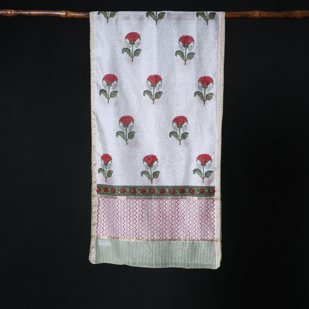 Sanganeri Handloom Chanderi Silk Hand Block Floral Print Stole 23