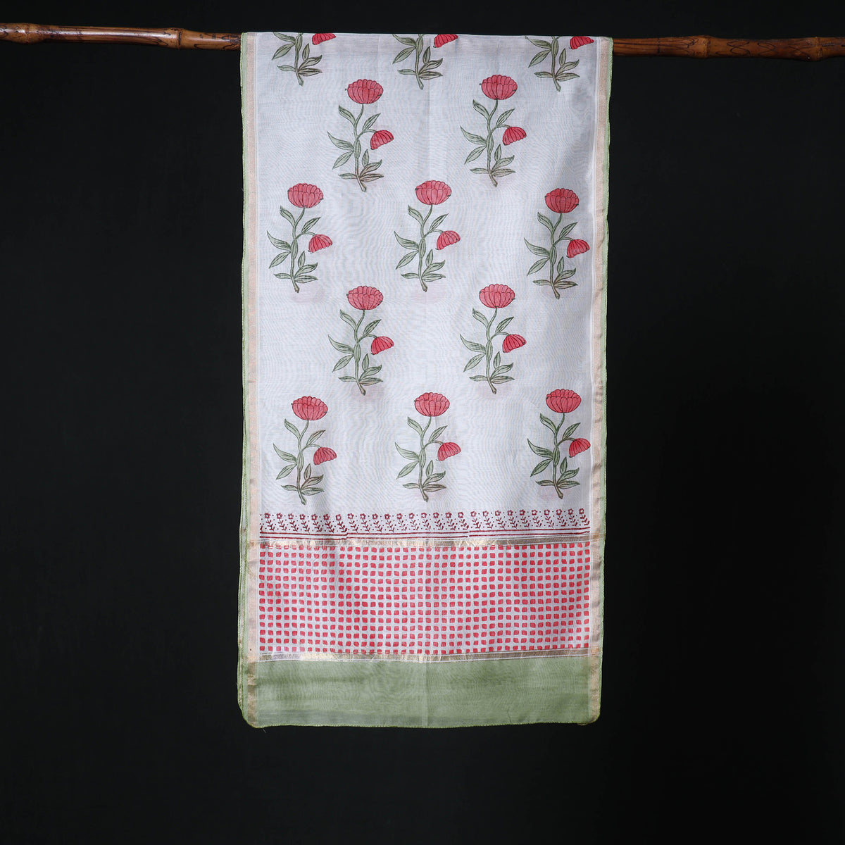 Sanganeri Handloom Chanderi Silk Hand Block Floral Print Stole 22