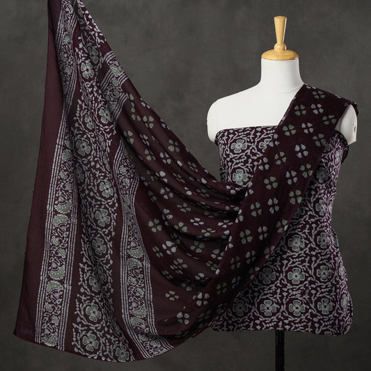 Brown - 3pc Kutch Batik Printed Cotton Suit Material Set 92