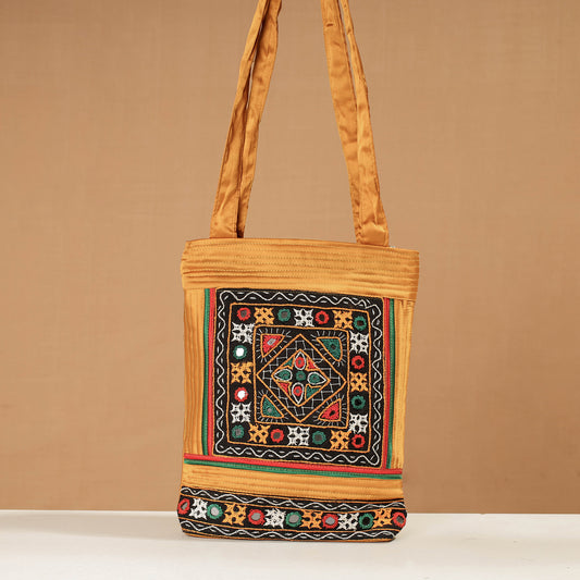 Yellow - Handcrafted Mirror Work Embroidered Mashru Silk Shoulder Bag