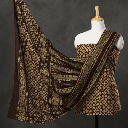 Yellow - 3pc Kutch Batik Printed Cotton Suit Material Set 14