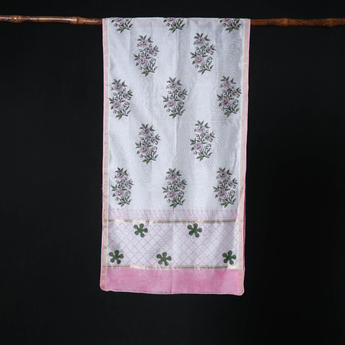 Sanganeri Handloom Chanderi Silk Hand Block Floral Print Stole 14
