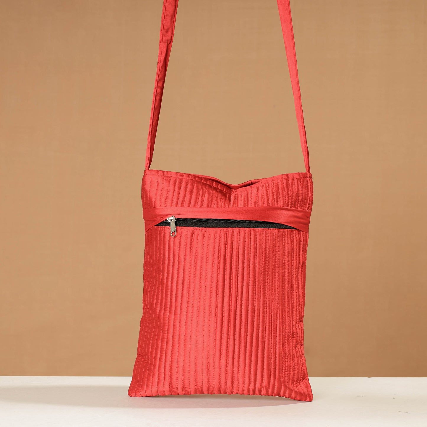 Red - Handcrafted Mirror Work Embroidered Mashru Silk Sling Bag