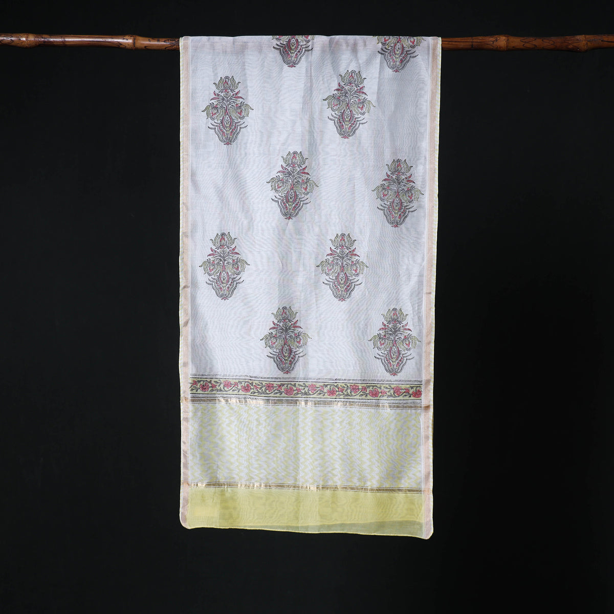 Sanganeri Handloom Chanderi Silk Hand Block Floral Print Stole 07