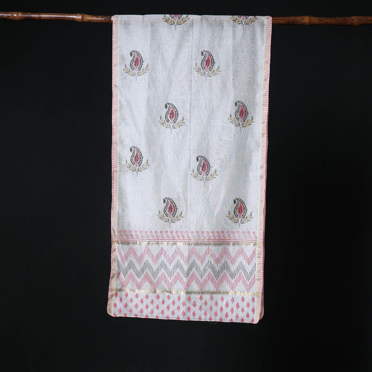 Sanganeri Handloom Chanderi Silk Hand Block Floral Print Stole 06