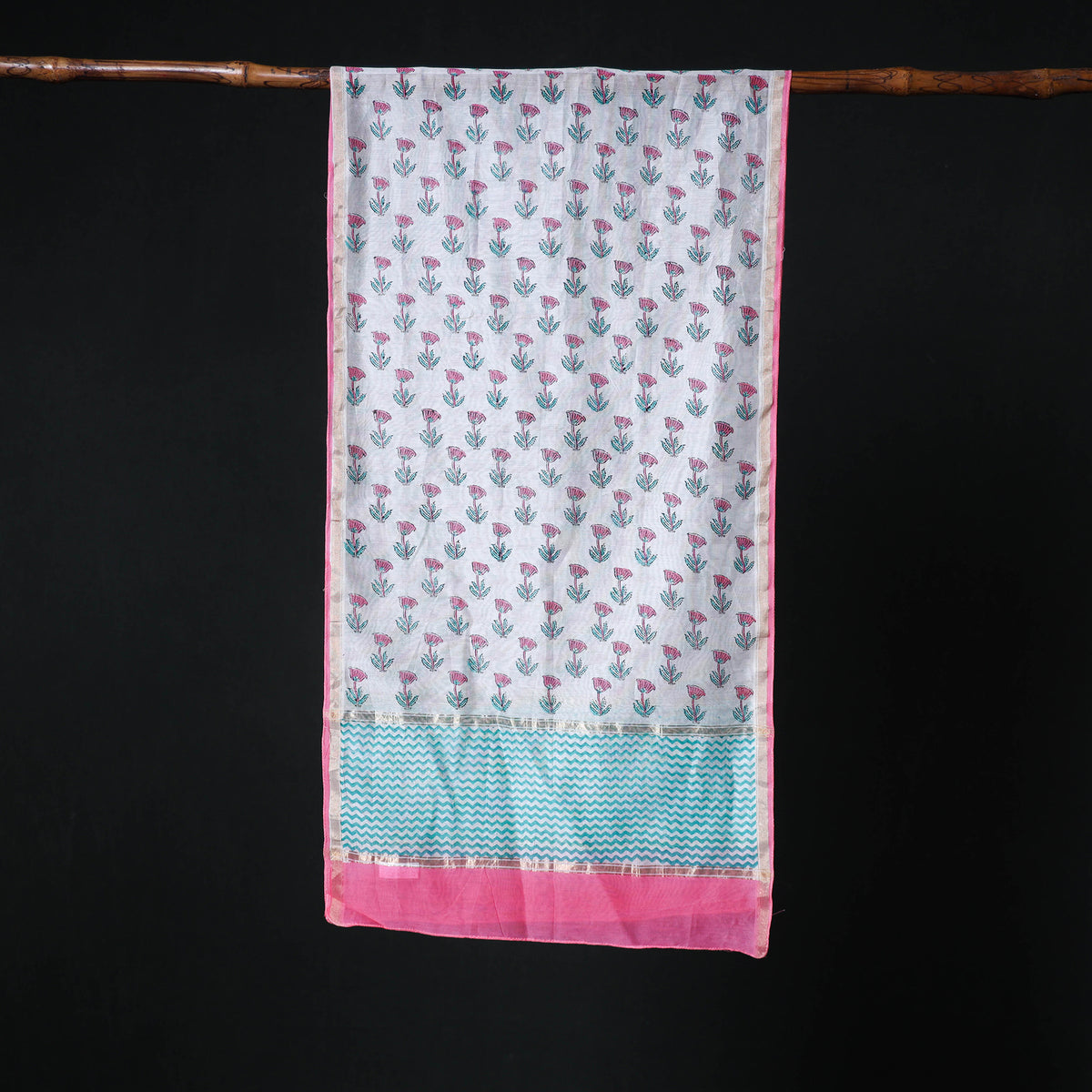 Sanganeri Handloom Chanderi Silk Hand Block Floral Print Stole 04