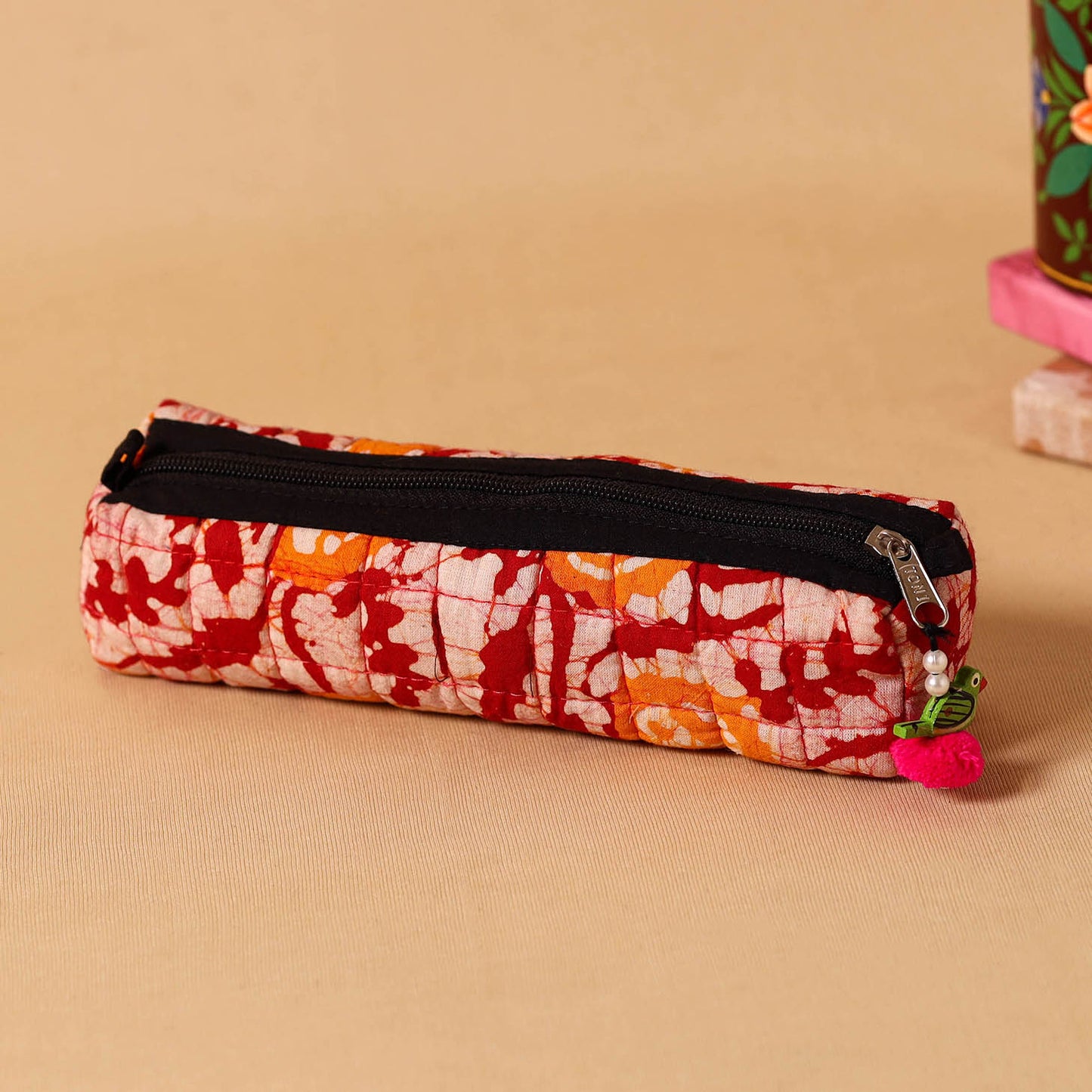 Red Handmade Quilted Cotton Pencil Pouch