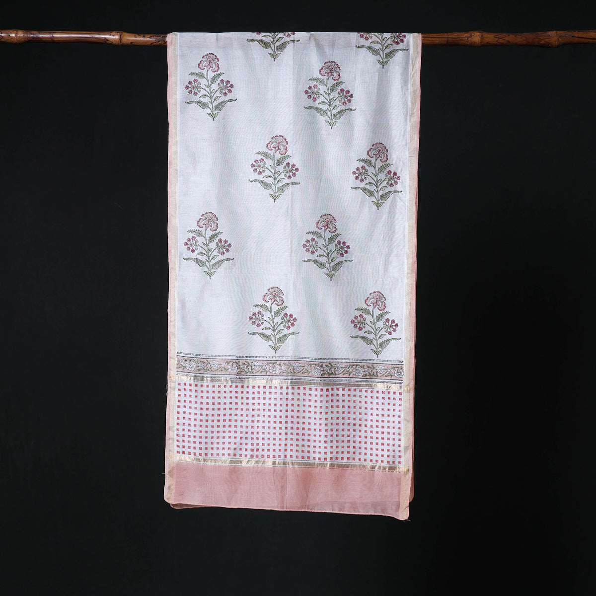 Sanganeri Handloom Chanderi Silk Hand Block Floral Print Stole 01